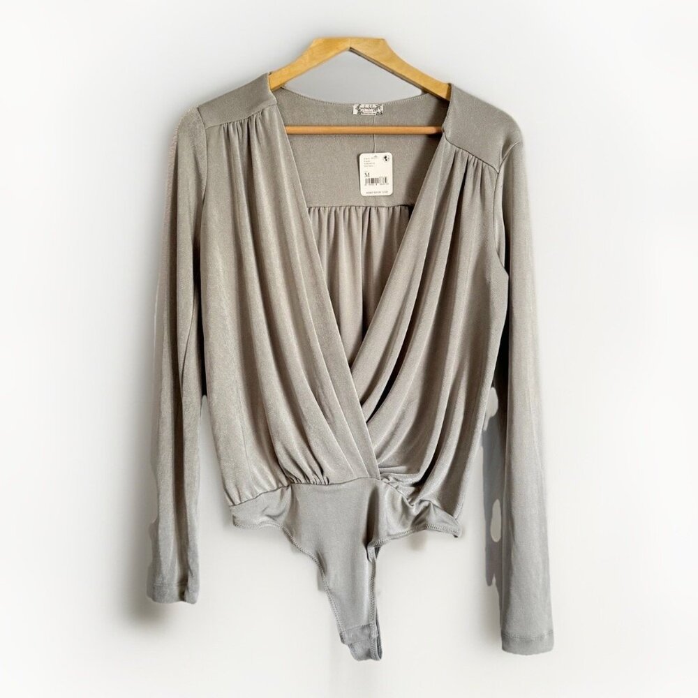 Free People Women’s Turnt Slinky Satin Gray Bodysuit Medium Deep Plunge Festival